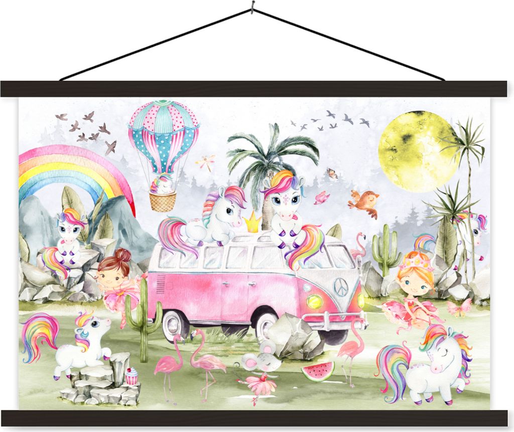 MuchoWow Textilposter Einhorn - Regenbogen - Kinder - Mädchen - Auto 150x100 cm mit schwarzem Rahmen - Schlafzimmer