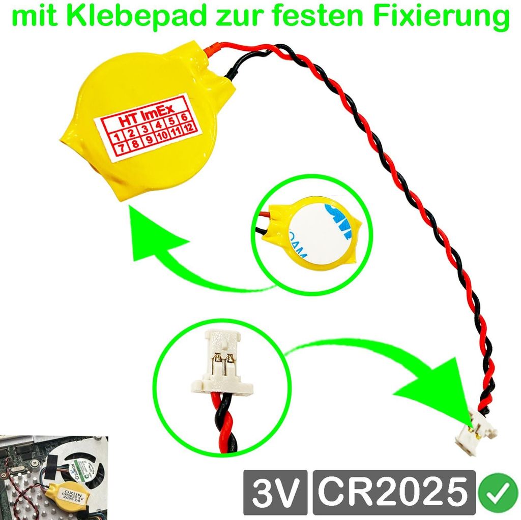 RTC CMOS Batterien BIOS CR 2025 3V mit Kabel - Anschluss 6,3mm x 2,7mm Stecker
