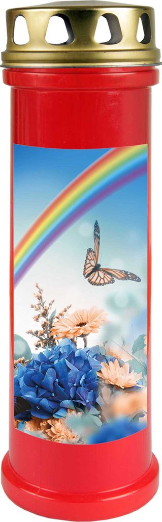 Grabkerze Rot, Brenndauer: 100 Stunden ( 4 Tage ), Motiv: Regenbogen