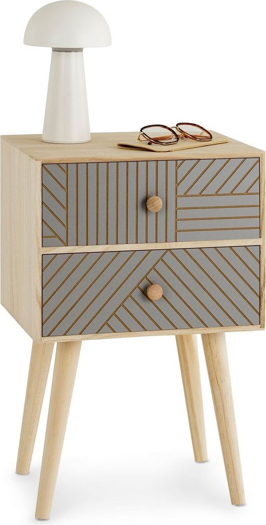 Nachttisch PELO mit 2 Schubladen natur/grau - Nachtkasten mit Ziernuten im Boho Stil, Nachtkommode aus Paulownia-Holz