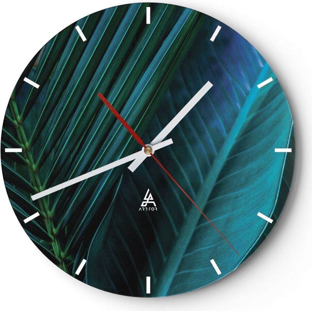 Wanduhr - Rund - Glasuhr - Blatt Tropen Grün - 30x30cm - Schleichendes Uhrwerk - Lautlos - zum Aufhängen bereit - Dekoration Modern - Wanddekorat...
