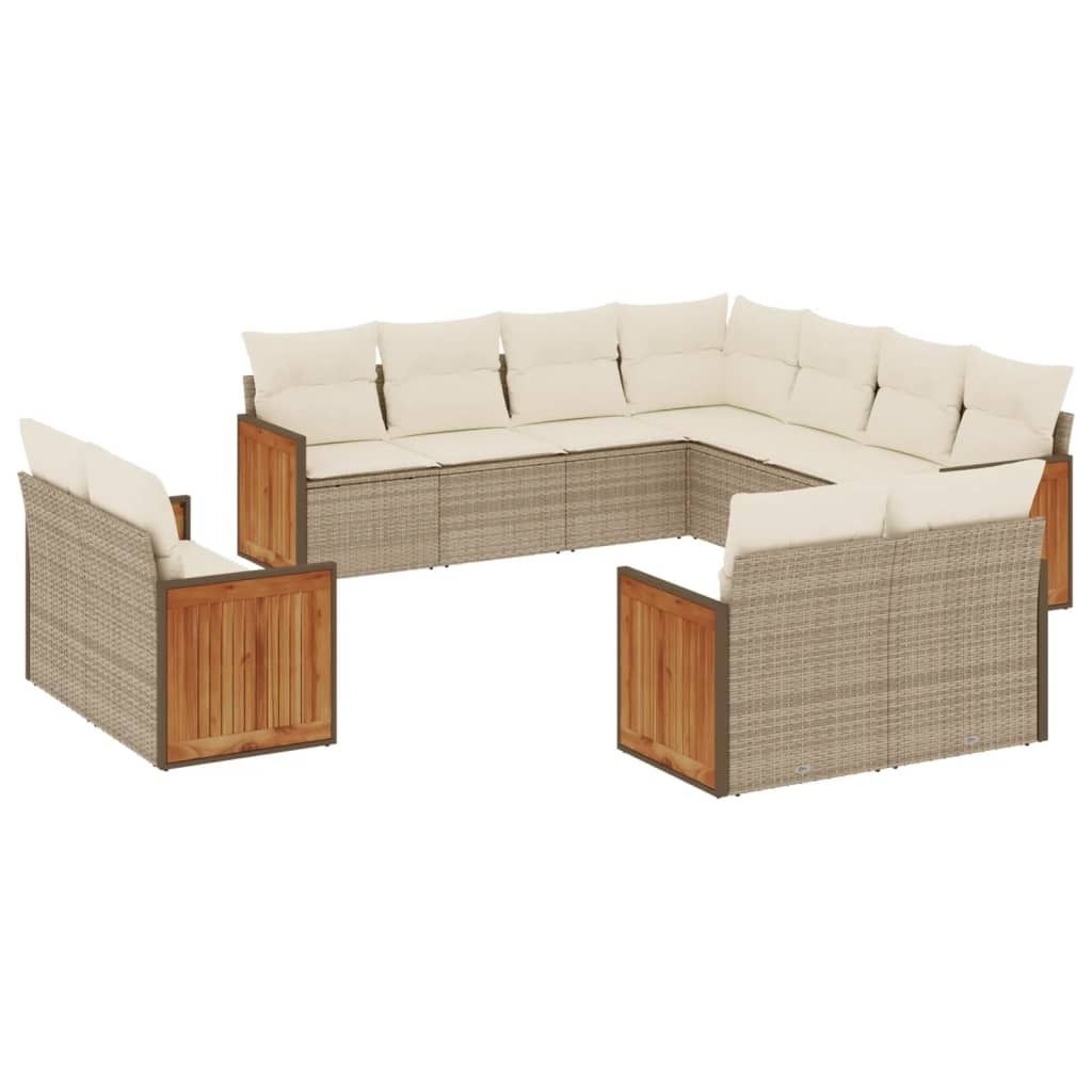 11-tlg. Garten-Sofagarnitur mit Kissen Beige Poly Rattan Produktbild 