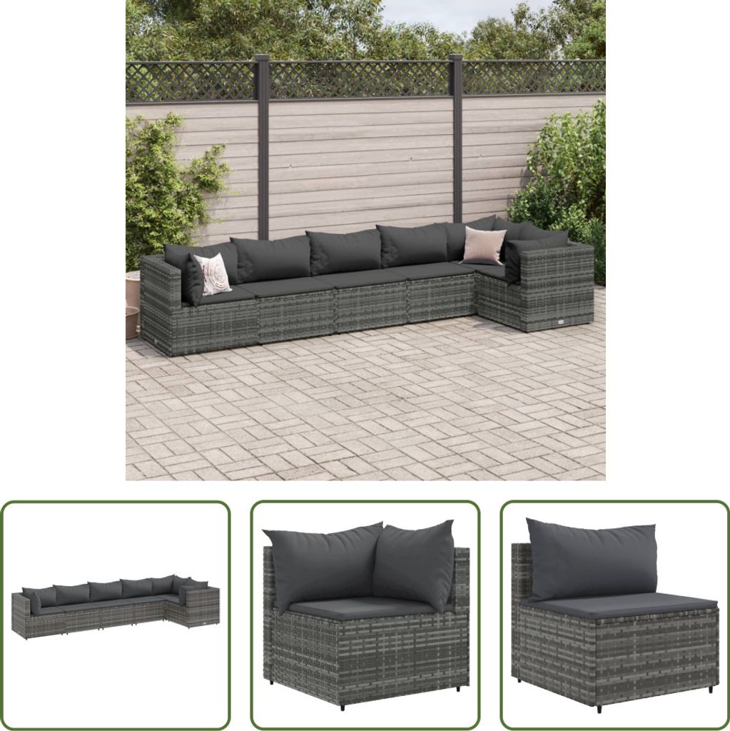 The Living Store 6-tlg. Garten-Lounge-Set mit Kissen Grau Poly Rattan