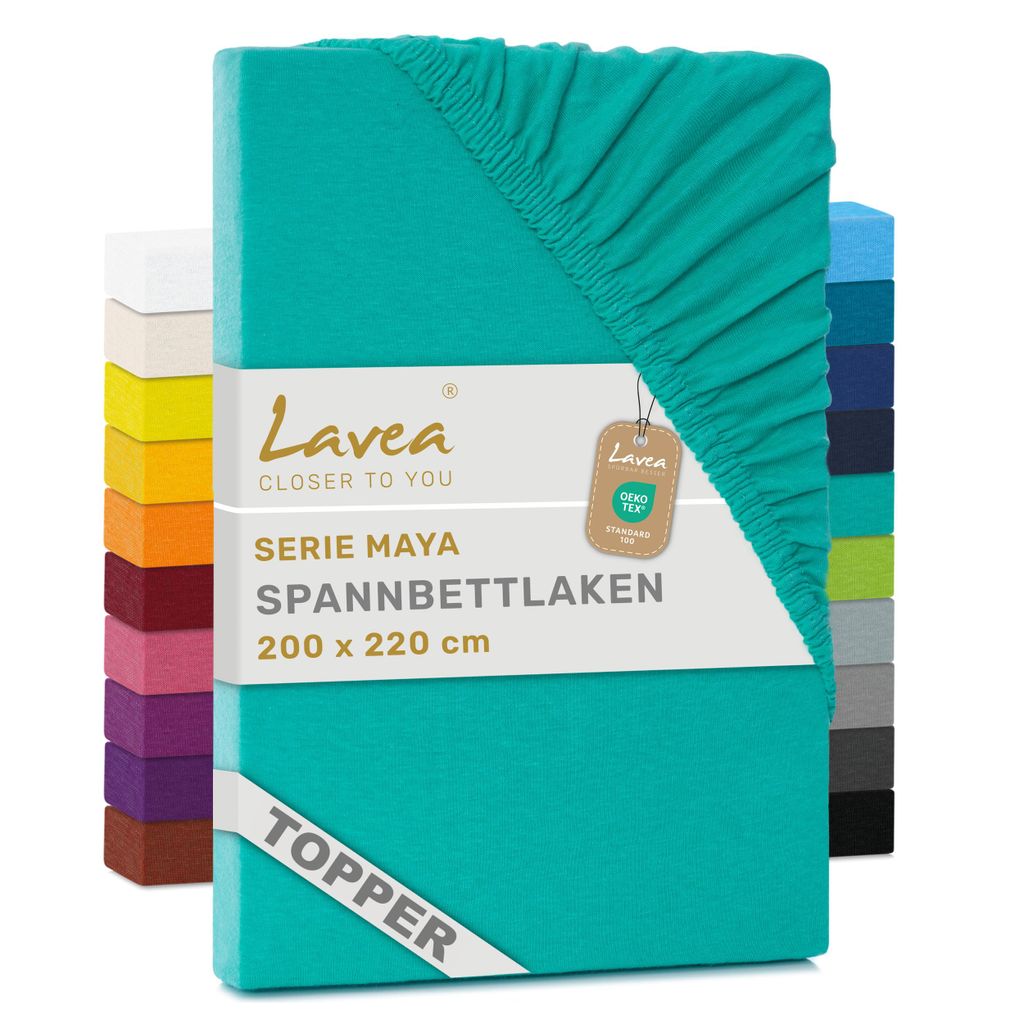 Lavea Topper Spannbettlaken 200x220 cm Maya Jersey, Bettlaken 100% Baumwolle, Bettbezug Matratzen bis 10 cm, Spannbettücher, Türkis