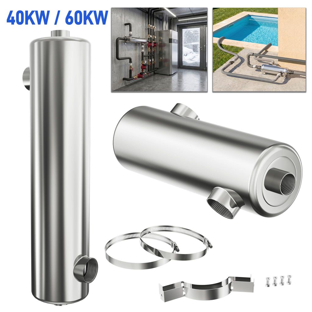 UISEBRT stromloser Edelstahl Gegenstrom-Wärmetauscher 60kW poliert korrosionsfest Pool Whirlpool Teich Schwimmbad SPA Wasserheizung