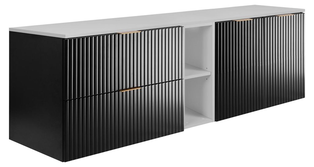 Badezimmer-Set: Schrank mit Schubladen, Schrank mit Türen und Regal 57×46×180 cm, Farbe: weiß/schwarz, Griff gold