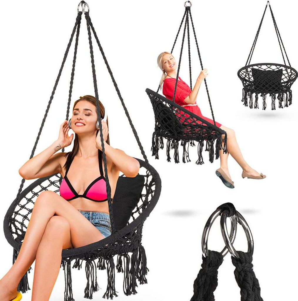 A collage of images showing people using black hanging chairs, with a close-up of the chair's hanging mechanism.