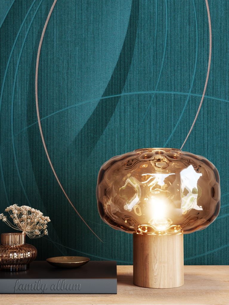 NEWROOM Tapete Blau Vliestapete Glänzend - Mustertapete Glamour Petrol Gold Muster Linien Schimmer Metallic