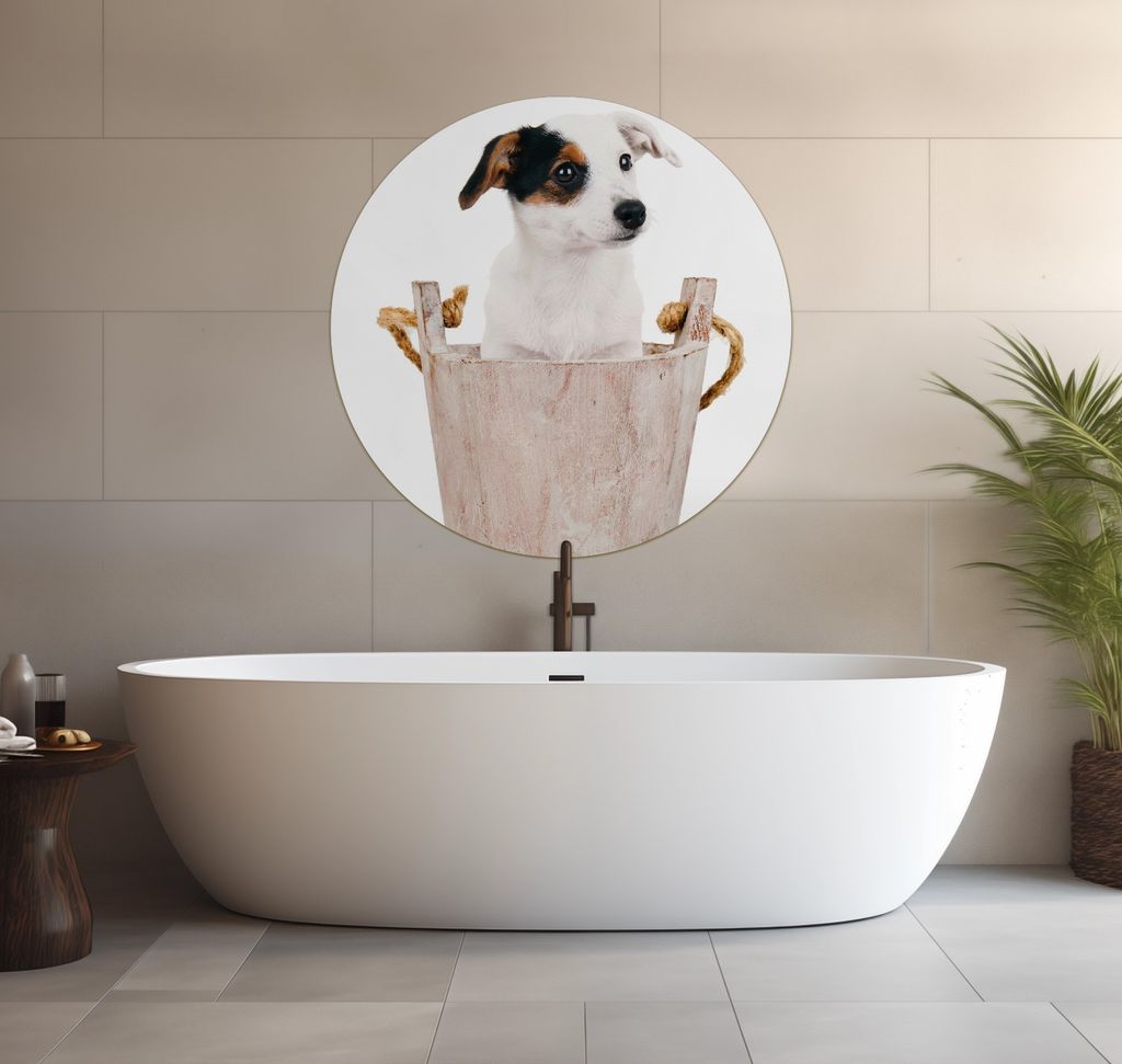 Wallario wasserfestes Poster selbstklebend 90 x 90 cm, Hunde-Welpe Jack Russel Terrier in einem Holzeimer, Badezimmerposter Spritzschutz mit Hochgl...