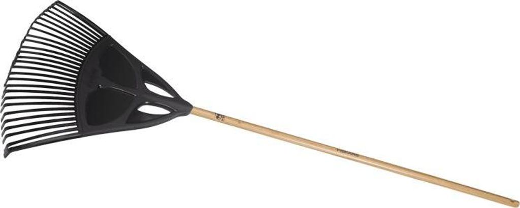 A black leaf rake with a wooden handle against a white background.