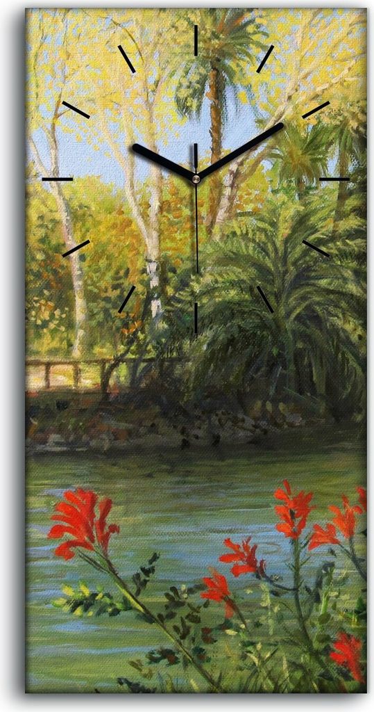 Wandkunst Leinwand Bild Uhr 30x60 Malerei Wald Bäume Fluss Brücke Kunst - schwarze Hände