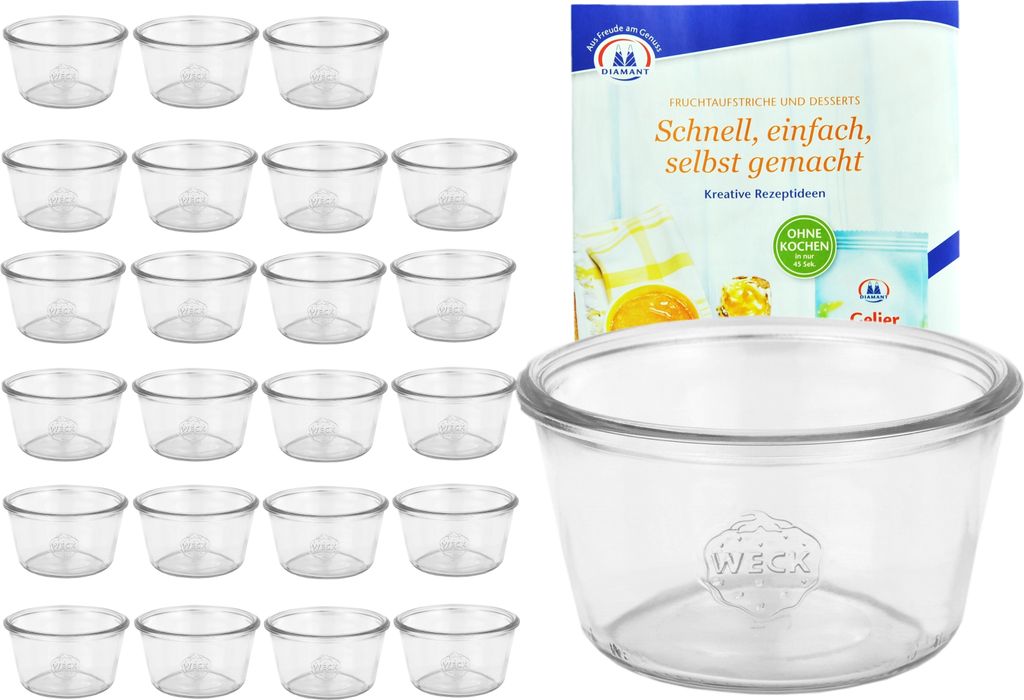 24er Set Weck Sturzgläser 290ml nieder, 1/5L Gläser inkl Gelierzauber Rezeptheft von Diamantzucker