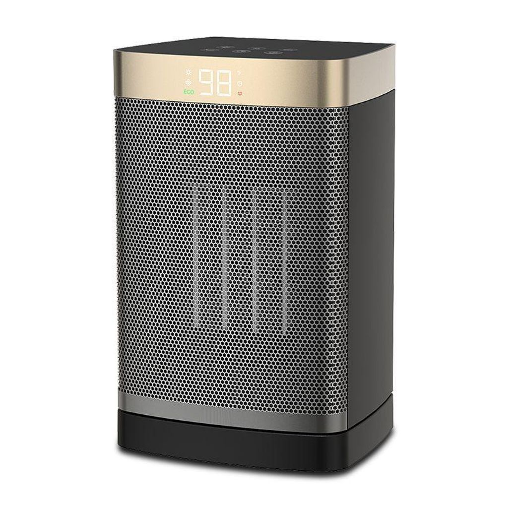 A black and gold ceramic heater with a digital display showing '98'.