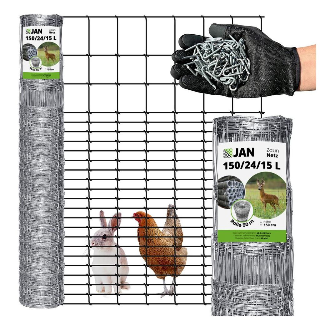 Wildzaun - Forstzaun – Knotengeflechtzaun - 150 Cm - 50 M - Dicht - Geeignet Für Hühner 150/24/15 L verzinkt