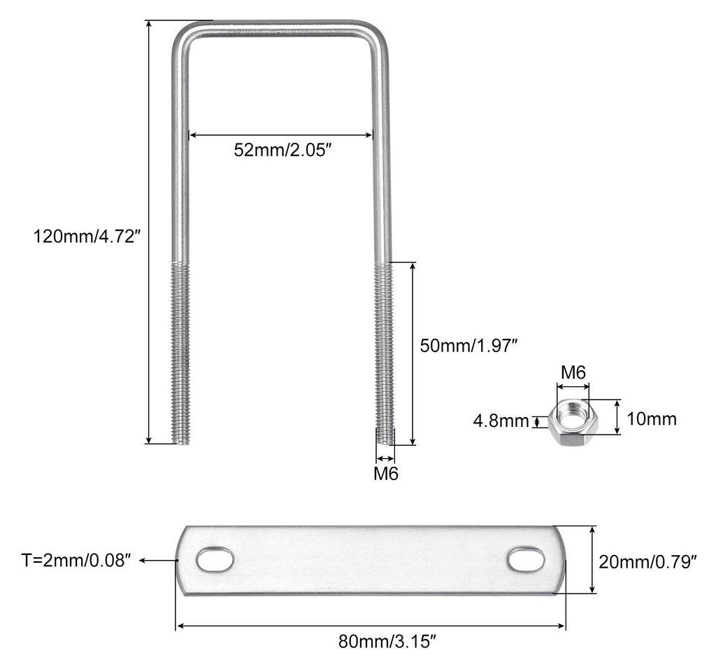 2 S?tze Quadratische U Bolzen 52mm(2.05") Innenbreite 120mm L?nge M6 304 Edelstahl U Klemmschraube mit Mutter und Platte fš¹r Bootsanh?nger