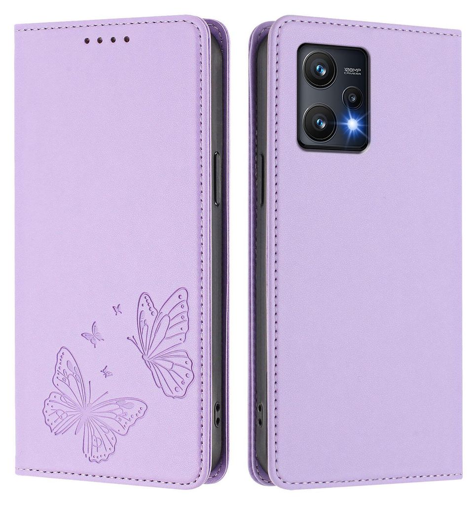 Lederhülle für Realme 9 Pro 5G, Schmetterling Prägung Leder Brieftasche Schutzhülle mit Ständer Violett