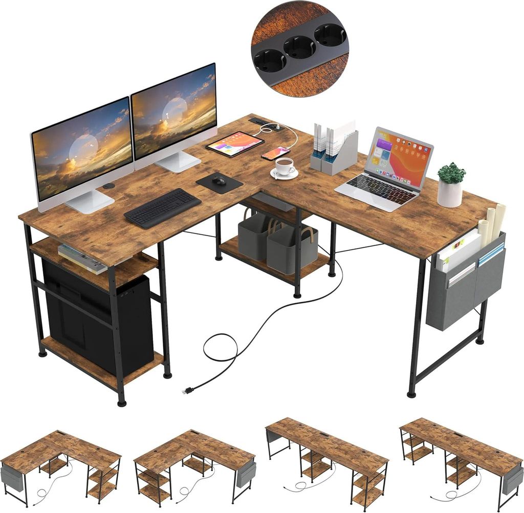 An L-shaped desk with multiple monitors, a laptop, and accessories, shown from a slightly elevated angle. Several alternative configurations of the desk are displayed below the main image.