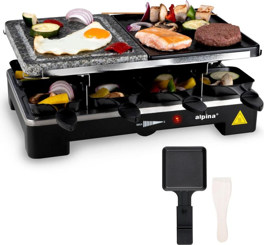alpina Elektrogrill WJK202A - 1200W, Raclette 8 Personen - 8 Pfannen, 8 Spachteln - Antihaft