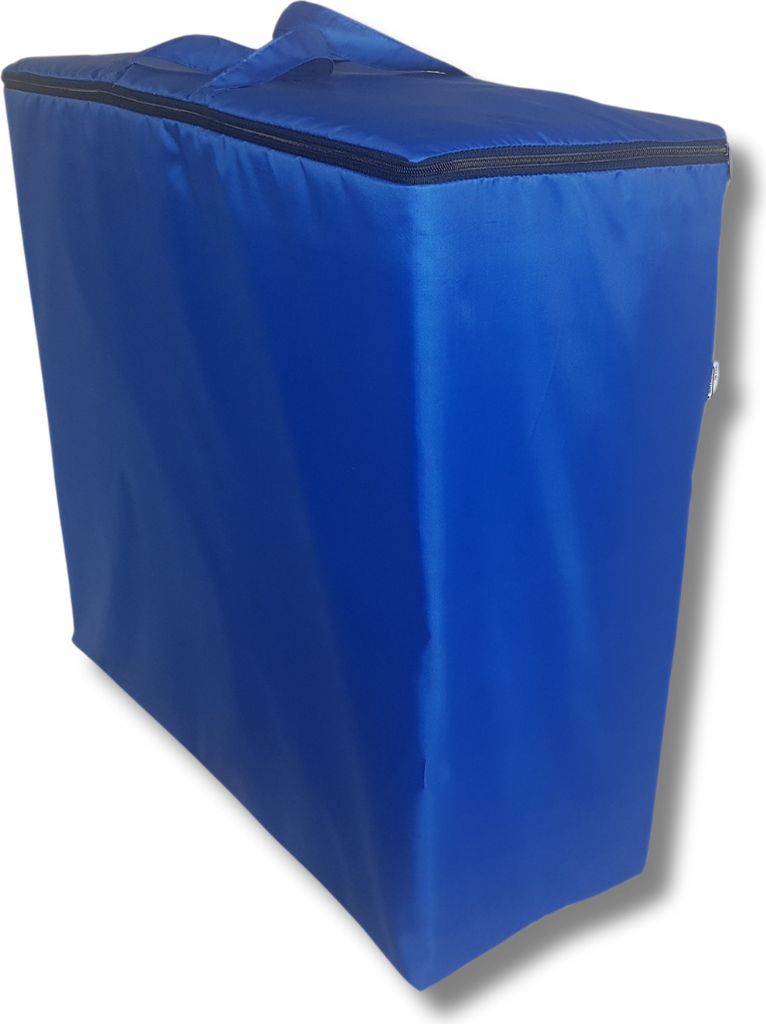 A blue storage bag for a folding mattress.