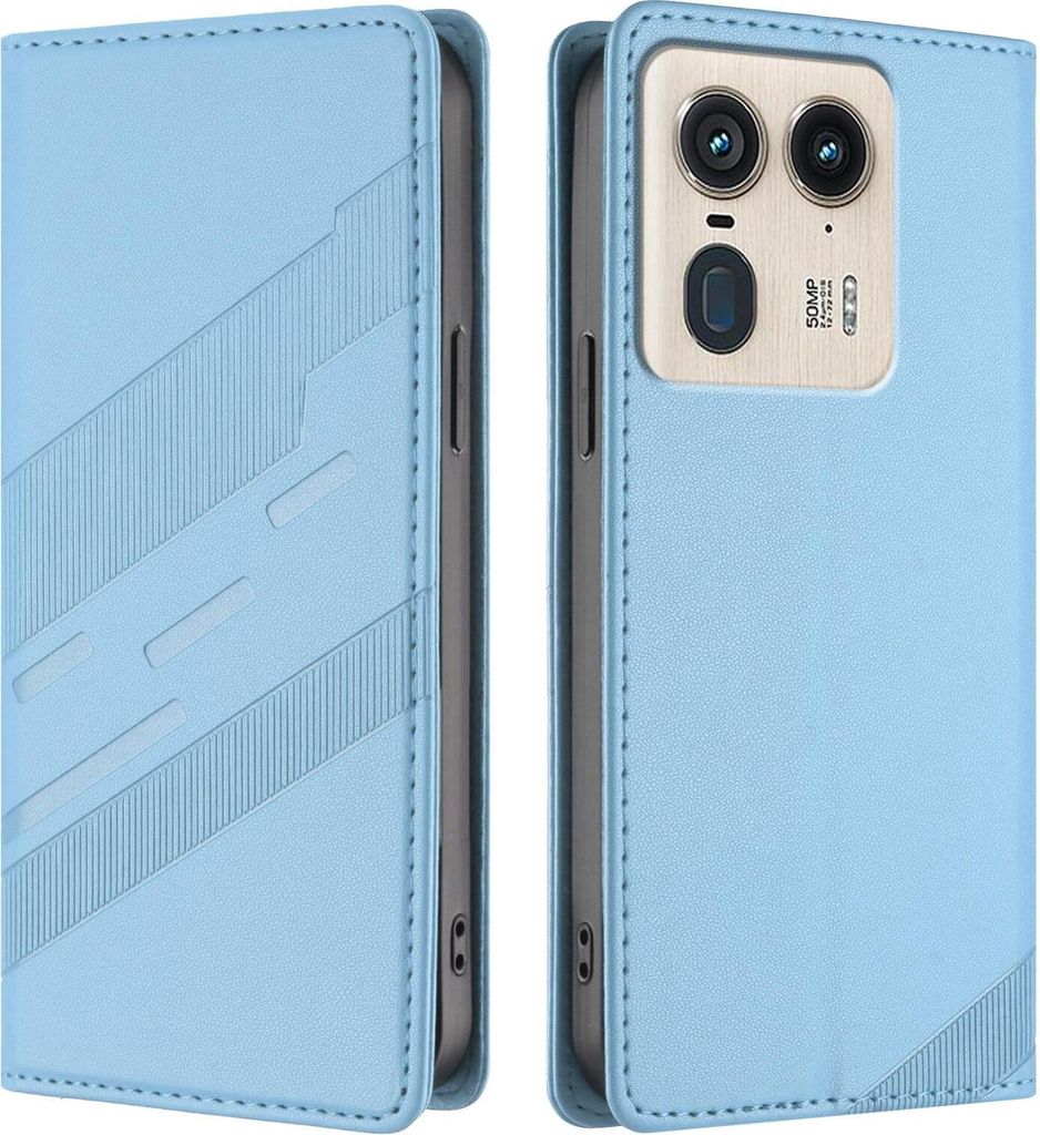 Hülle für Motorola Edge 50 Ultra - Phonesta Embossed Lines Book Wallet Klapphülle - Hellblau