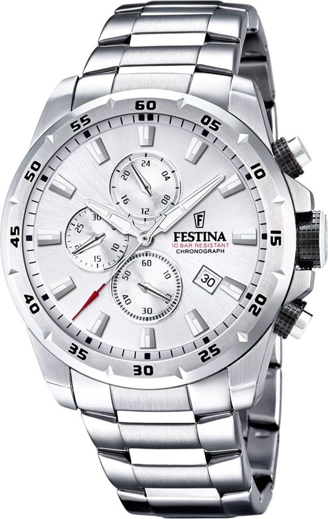 A silver Festina chronograph watch with a white dial, shown against a white background.