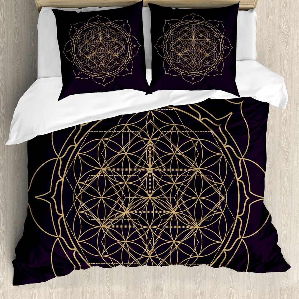 ABAKUHAUS Mandala Bettbezug Set, Monochrome Abstrakte Blume des Lebens Lotus Blumen-Mandala Harmonie Meditation, 200 x 200 cm + 80 x 80 cm, Plum un...
