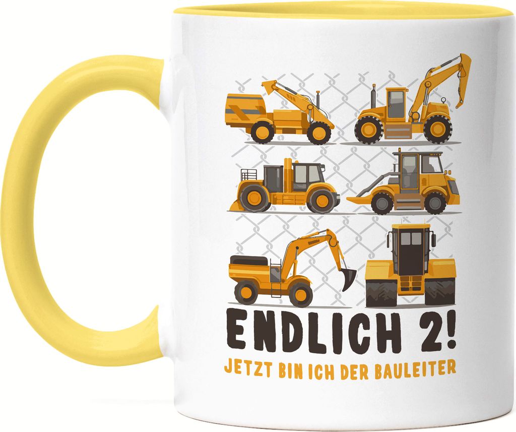 Endlich 2 Tasse Gelb 2. Geburtstag Geburtstagskind Kindergeburtstag Bagger Baustelle Baumeister