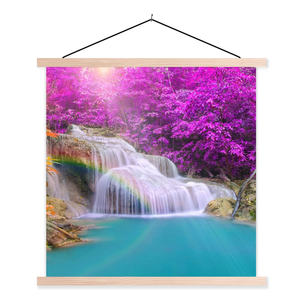 MuchoWow Textilposter Wasserfall - Bäume - Regenbogen - Lila 120x120 cm mit holzfarbenen Rahmen - Textil-Poster