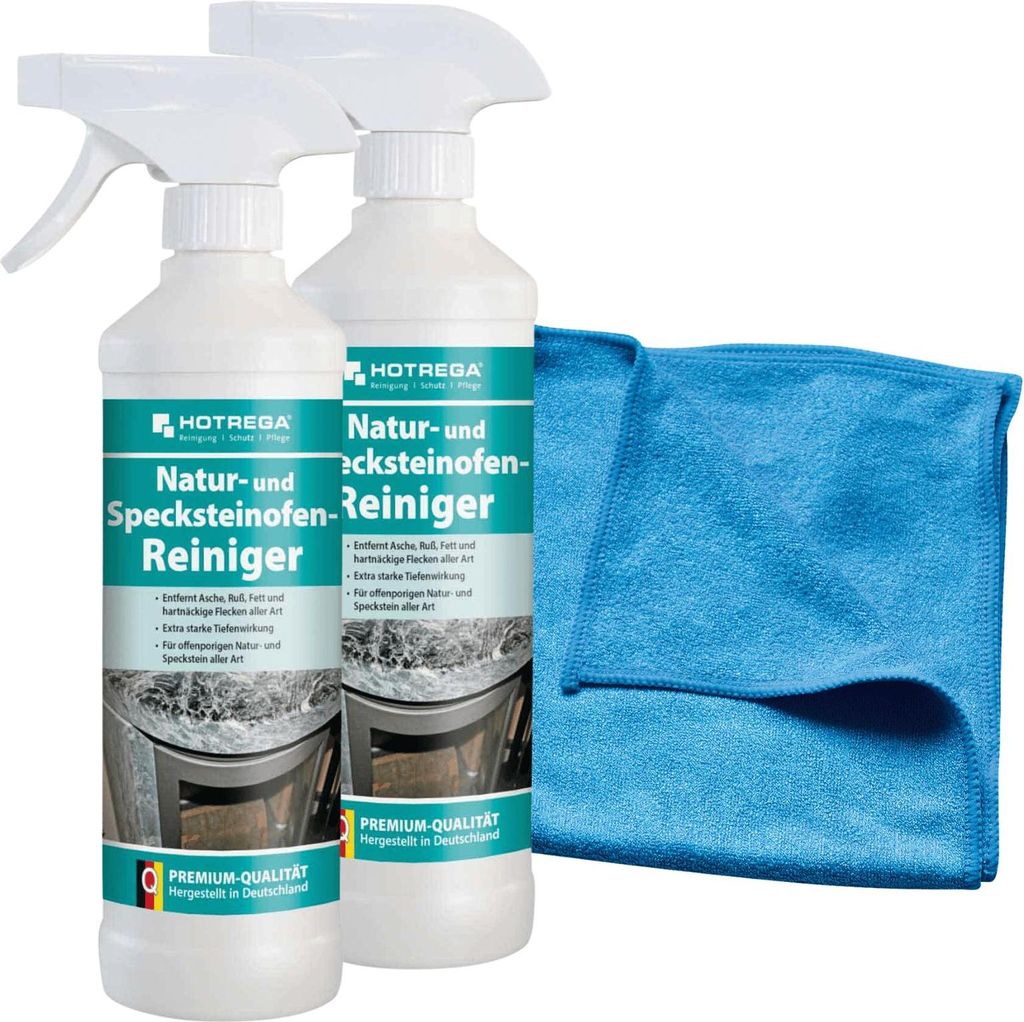HOTREGA Natur und Specksteinofen Reiniger 2x 500 ml inkl. Microfasertuch Micro Star - Ofenreiniger, Spezialreiniger, Specksteinreiniger