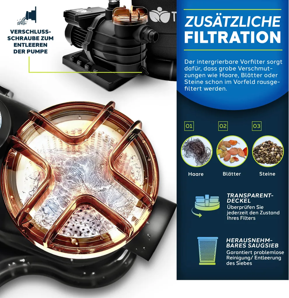 tillvex sistema di filtraggio a sabbia per piscina 10 m³/h incl. 800 g di sfere filtranti nere | sistema di filtraggio valvola a 7 vie & adattatore 2in1 Ø32mm - 38mm | filtro per piscina con indicatore di pressione | filtro a sabbia per piscine - 5