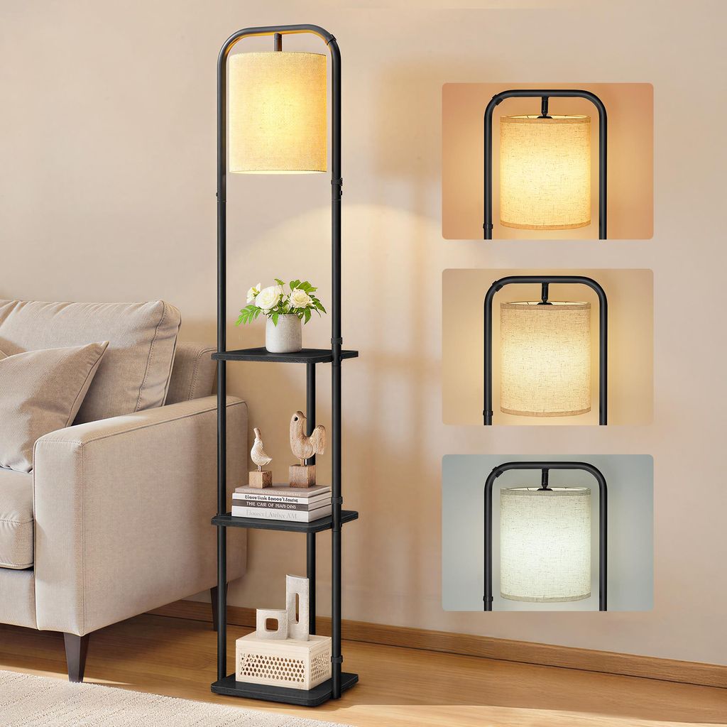 VASAGLE Stehlampe mit 3 Ablagen, Standleuchte, Stehleuchte, LED-Glühbirne inklusive, mit Fußschalter, Lampenschirm aus Stoff