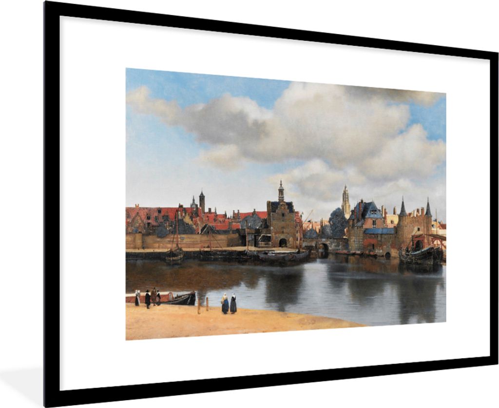 MuchoWow Gerahmtes Poster Vermeer - Stadt - Alte Meister - Kunst 90x60 cm - Poster mit Schwarzem Bilderrahmen Wandposter Rahmen Foto Bilder - Wan...