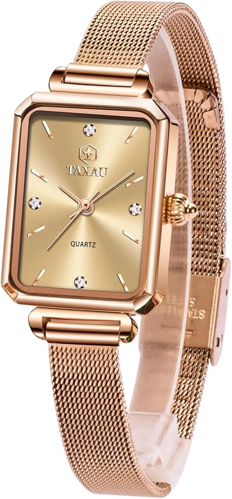 Orologio da donna Orologio da polso quadrato da donna con bracciale in acciaio inox a maglie Orologio rettangolare da donna Moda orologio da polso da donna Rosegold impermeabile elegante orologio al quarzo