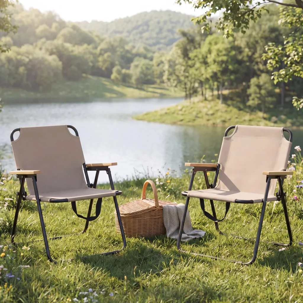 Chaises de loisirs pliables en bambou et métal, assise textile crème x2