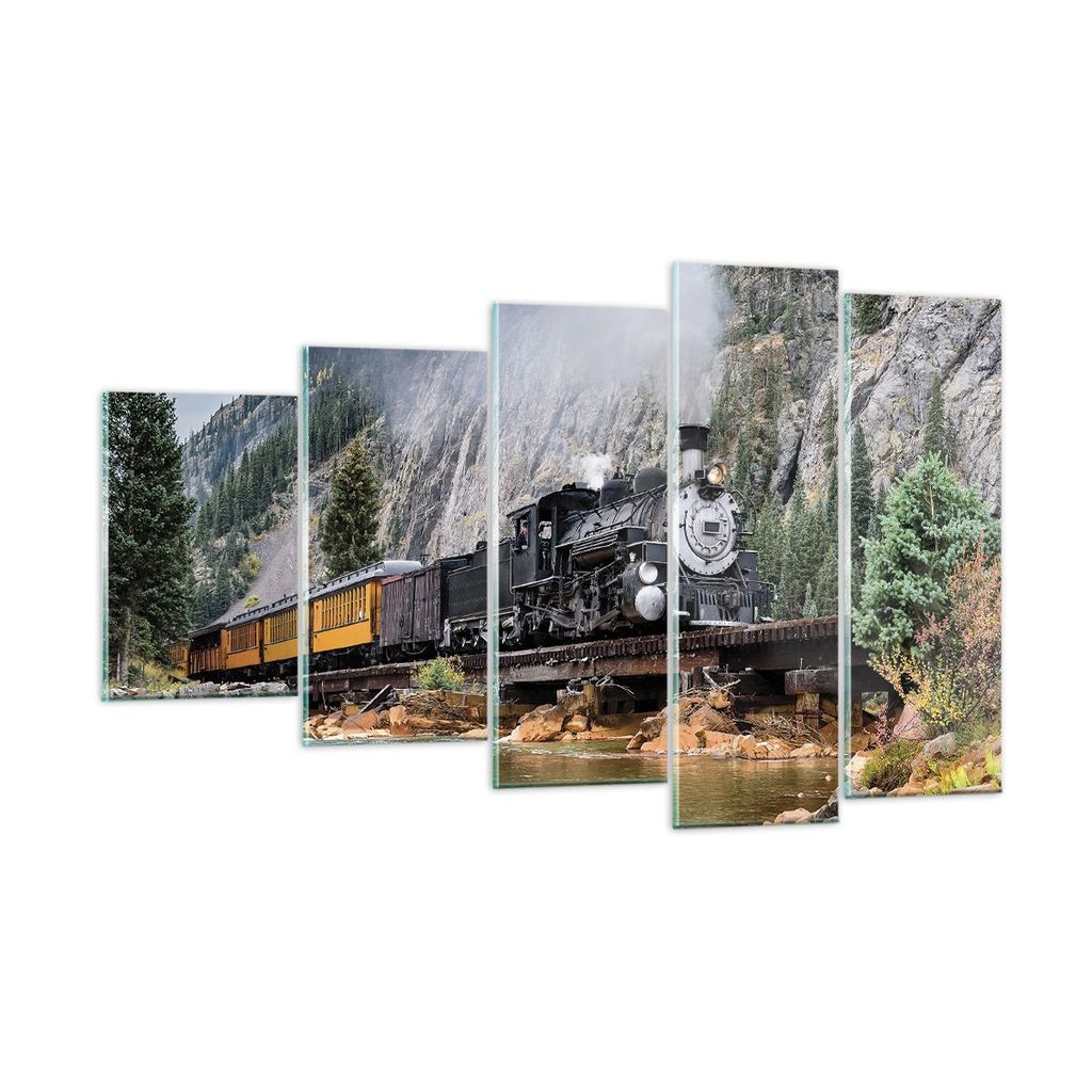 Bilder auf glas - 5 Teile - Alt Lokomotive Berge - 100x60cm - Glasbilder - Wandbilder - Bilder - zum Aufhängen bereit - Wanddekoration aus Glas - ...