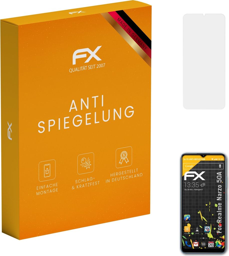 atFoliX FX-Antireflex 3x Schutzfolie kompatibel mit Realme Narzo 50A Displayfolie