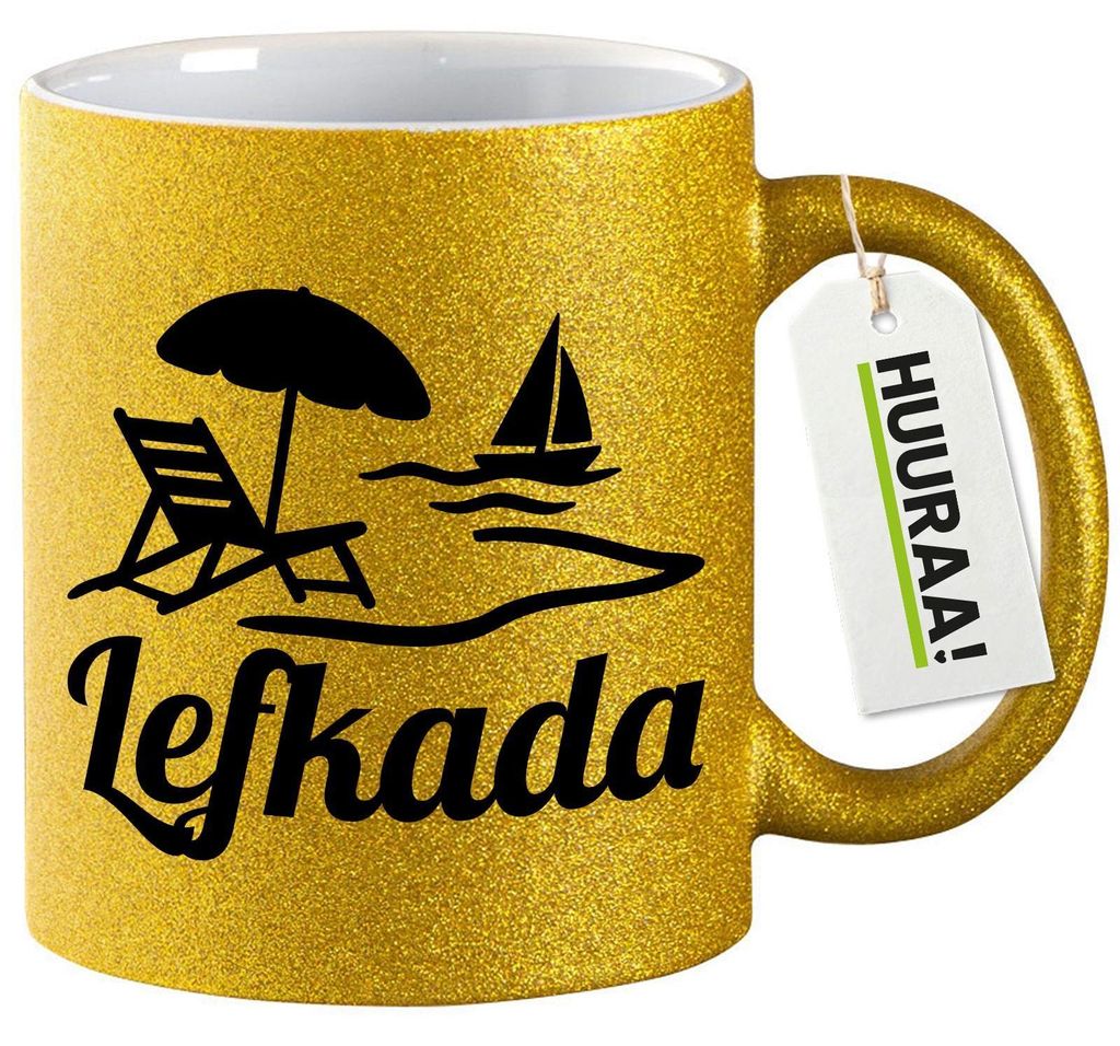Huuraa Glitzertasse Lefkada Griechenland 330ml Gold Keramik Kaffeebecher Geschenkidee