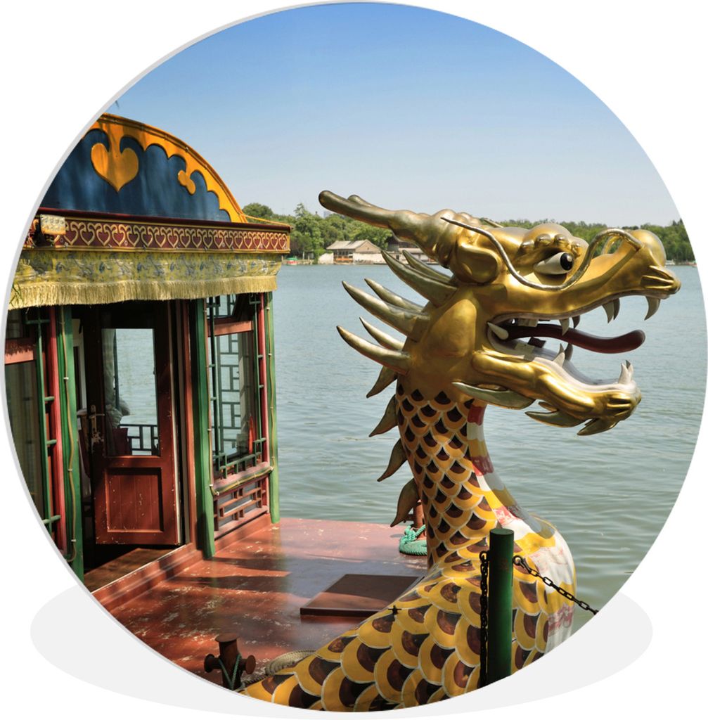 MuchoWow Rundes Wandbild - Runde Bilder Boot - Drache - Gold - Drachenboot Ø 90 cm Kreis Wanddekoration Kunststoff - Wandkreis - Wandschmuck - W...