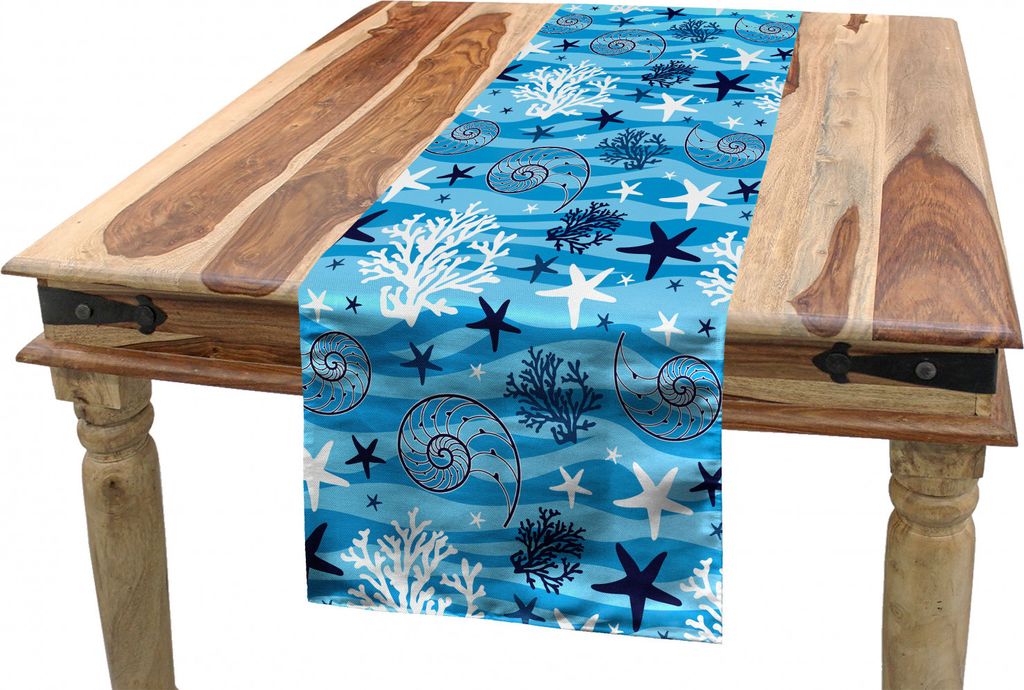 ABAKUHAUS Unterwasser- Tischläufer, Muscheln Meeresseegurke, Esszimmer Küche Rechteckiger Dekorativer Tischläufer, 40 x 300 cm, Blau Weiss