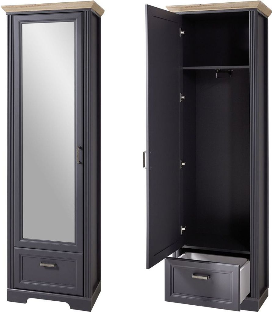 Landhaus Garderobenschrank mit Spiegel JÜLICH-36 in graphit mit Artisan Eiche, B/H/T: 65/204/41 cm