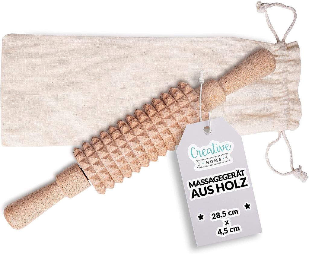 Creative Home Massageroller aus Natürlichem Buchenholz mit Griffen | 28,5 x 4,5 cm | Körperstraffung Anti-Cellulite-Wirkung haltbar | Perfekt zum...