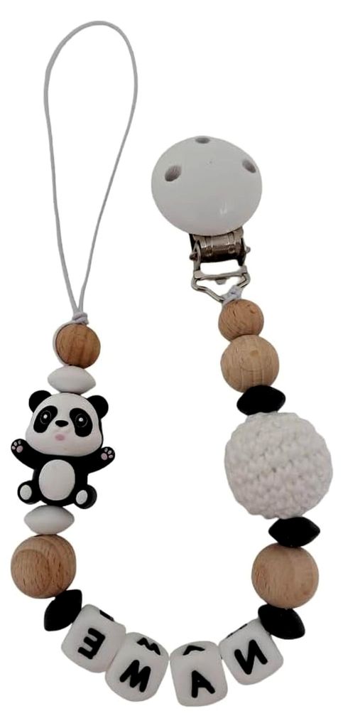 Personalisierte Schnullerkette mit Namen für Mädchen oder Jungen zur Geburt und Taufe (Panda weiß)