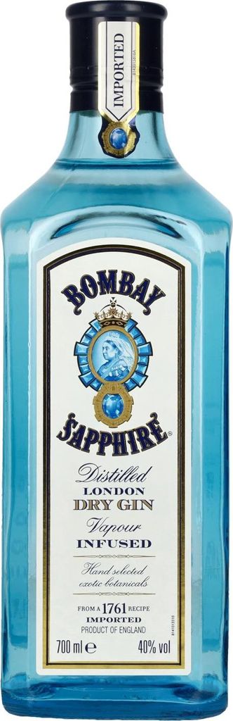 A bottle of Bombay Sapphire London Dry Gin.