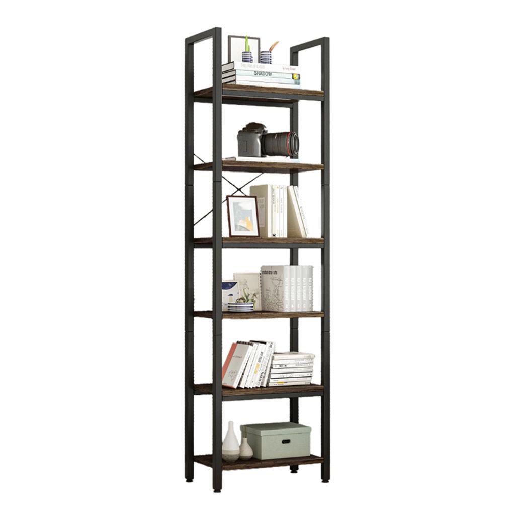 A tall, narrow bookshelf with a metal frame and wooden shelves, filled with books and decorative items.