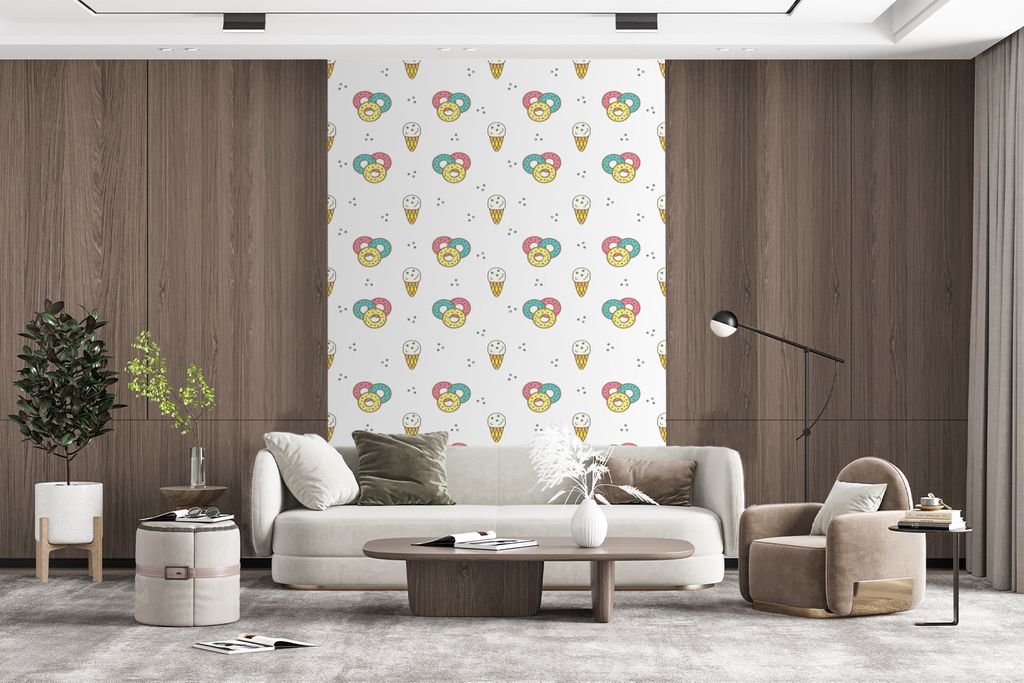 MuchoWow Fototapete für Wohnzimmer oder Schlafzimmer Wandtapete Vinyl Motivtapete Muster - Eiscreme - Donus - Jungen - Kinder - 225x350 cm - Sch...