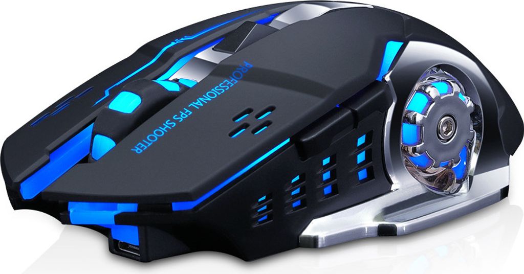 A black and blue gaming mouse with illuminated accents, shown from a side-angle on a white background.