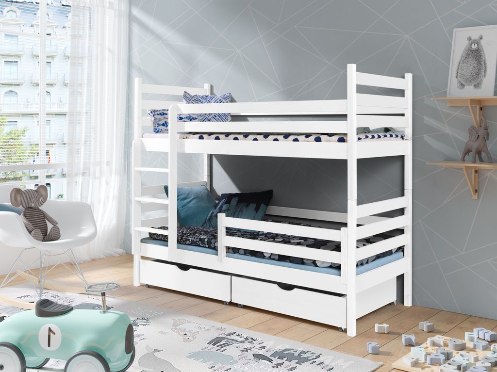 KEF Adalbert Etagenbett Kinder 80x200 cm KEF Adalbert Etagenbett Kinder Holz Kinderbett für Zwei Kinder Leiter Universal mit Matratze Weiß 80x200 cm