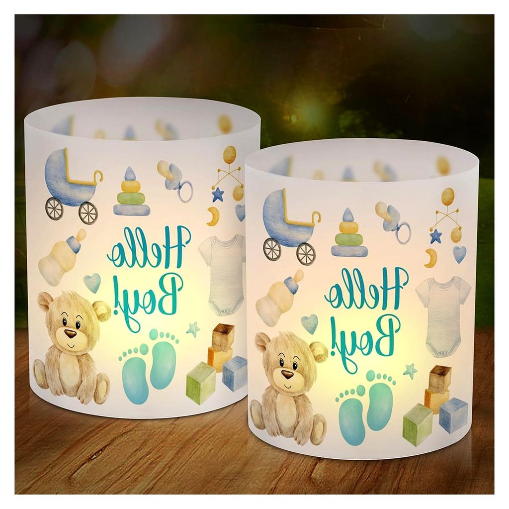 12 Windlichter Tischdekoration Hello Boy, Tischdeko für Jungengeburtstag, blauer Bär, Fußabdruck Windlichter für Teelichter