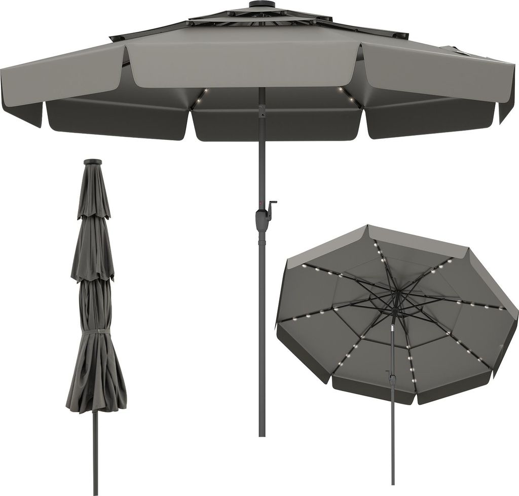 Three views of a gray patio umbrella on a white background.