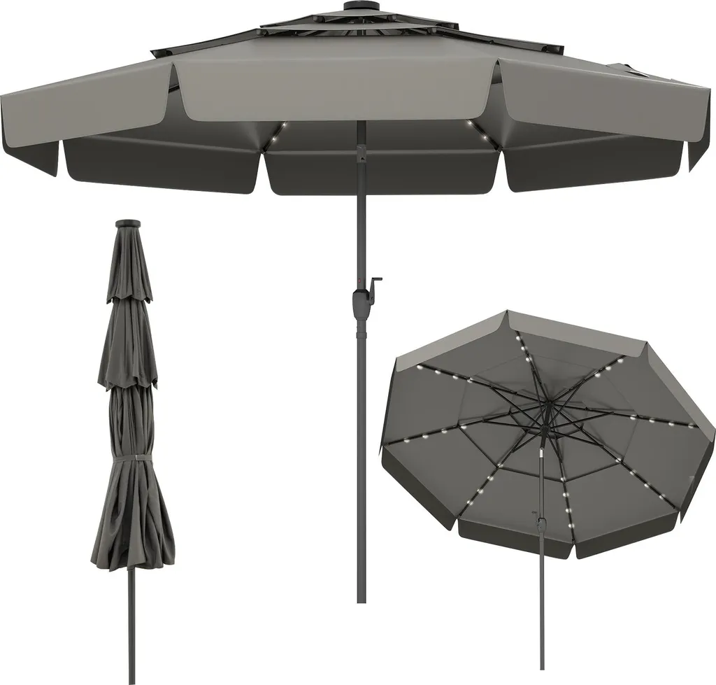 Parasol LED 300cm Stable à Triple Toit et Inclinaison 35° Coloris Gris